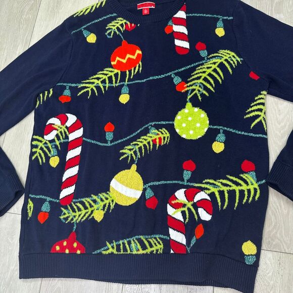 Ugly Christmas sweater holiday knit navy ornament candy cane crew neck size‎ L - Picture 1 of 4